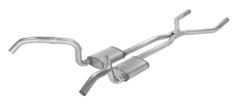 Crossmember Back w/H-Pipe Exhaust System 67-69 Split Rear Dual Exit 3 in Intermediate And Tail Pipe Turbo Pro Mufflers/Hardware Incl Tip Not Incl Natural 409 Stainless Steel Pypes Exhaust