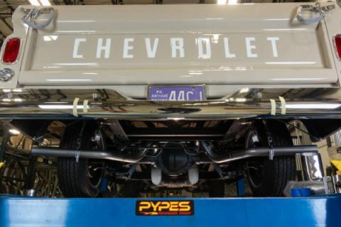 Crossmember Back W/ H-Pipe Exhaust System 63-66 GM Truck Split Side Dual Exit 2.5 Inch Intermediate And Tailpipe Hardware Incl Turbo Pro Muffler Incl And Tip Not Incl Stainless Steel Pypes Exhaust