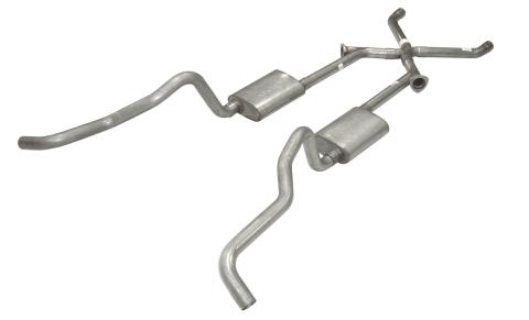 Crossmember Back w/X-Pipe Exhaust System 55-57 Tri-Five Chevy Split Rear Dual Exit 2.5 in Intermediate And Tail Pipe Street Pro Mufflers/Hardware Incl Tip Not Incl 409 Stainless Steel Pypes Exhaust