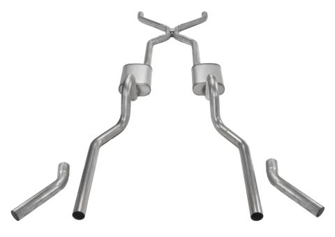Crossmember Back w/H-Pipe Exhaust System 55-57 Tri-Five Chevy Split Rear Dual Exit 2.5 in Intermediate And Tail Pipe Street Pro Mufflers/Hardware Incl Tip Not Incl Pypes Exhaust