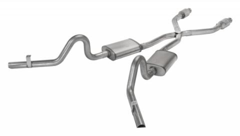 Crossmember Back w/X-Pipe Exhaust System 78-88 GM G-Body Split Rear Dual Exit 2.5 in Intermediate And Tail Pipe Hardware Incl Muffler And Tip Not Incl Natural 409 Stainless Steel Catalytic Converter Incl Pypes Exhaust