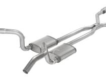 Crossmember Back w/H-Pipe Exhaust System 75-79 Nova Split Rear Dual Exit 2.5 in Intermediate And Tail Pipe Muffler And Tip Not Incl Natural Finish 409 Stainless Steel Catalytic Converter Incl Pypes Exhaust