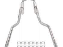 Crossmember Back W/ H-Pipe Exhaust System 63-66 GM Truck Split Rear Dual Exit 2.5 Inch Intermediate And Tailpipe Hardware Incl Turbo Pro Muffler Incl And Tip Not Incl Stainless Steel Pypes Exhaust